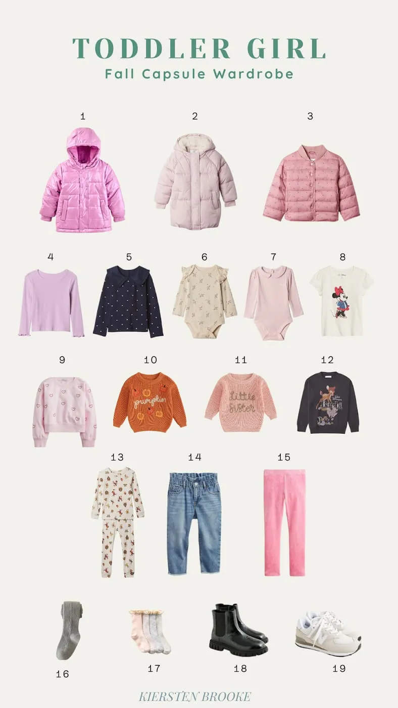 Toddler girl fall capsule wardrobe: coats, tops, leggings, pyjamas and boots laid out in a grid