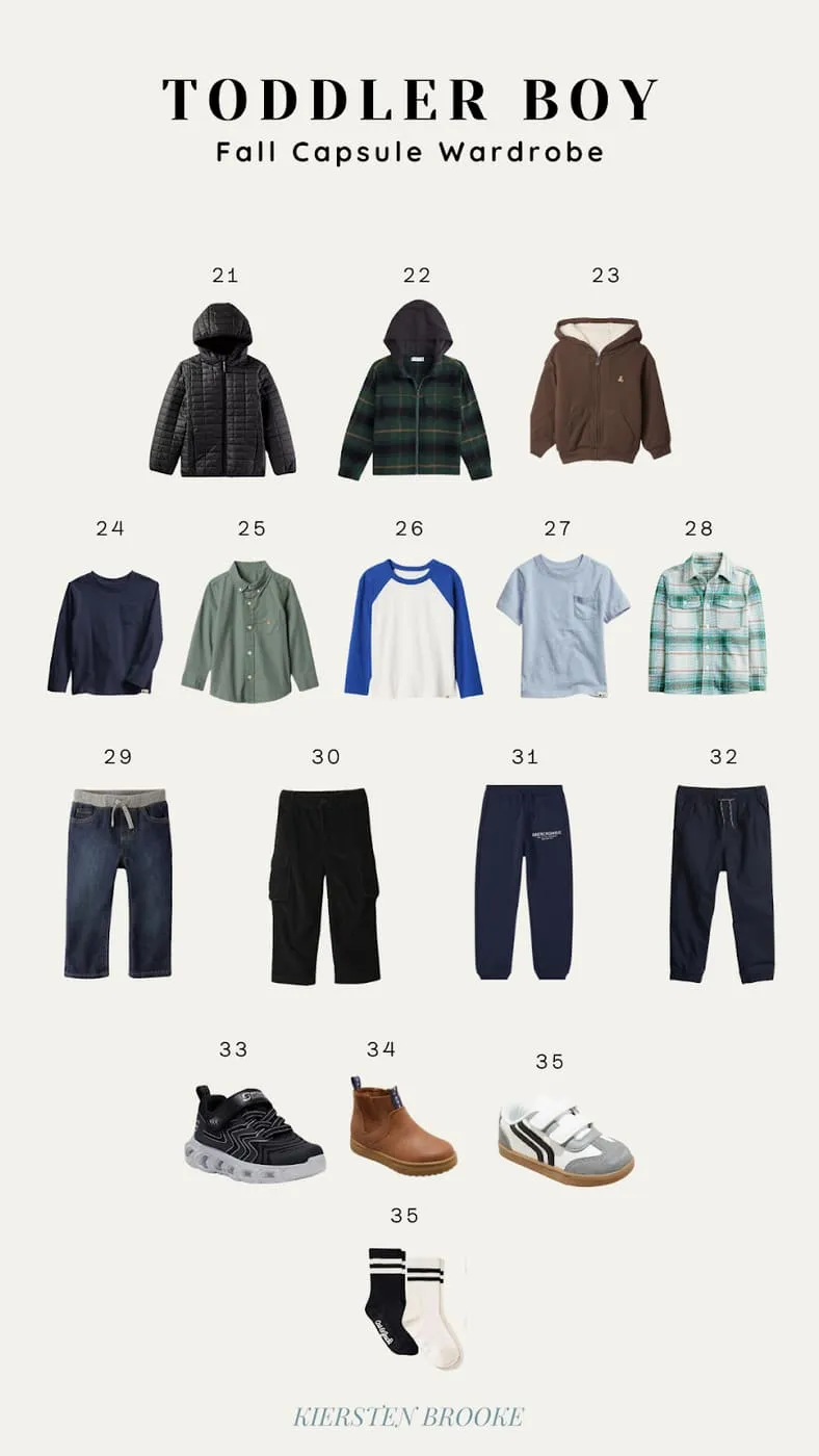 Toddler boy fall capsule wardrobe: coats, tops, jeans and shoes laid out in a grid